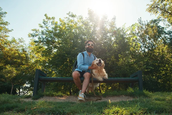 Handsome Bearded Stylish Man Hipster Sitting His Dog Golden Retriever — Stock Photo, Image