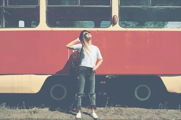 Full Length Young Carefree Hipster Girl Posing Copy Space Tram — Stock Photo, Image