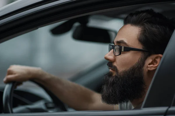 Attractive Elegant Serious Man Drives Good Car Close Portrait Focus — Stock Photo, Image