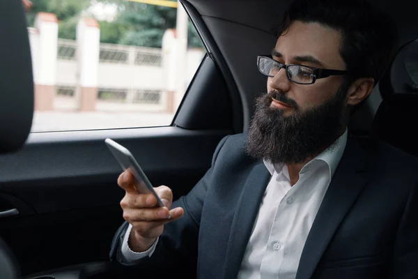 Businessman While Traveling Car Back Seat Handsome Young Man Full — Stock Photo, Image