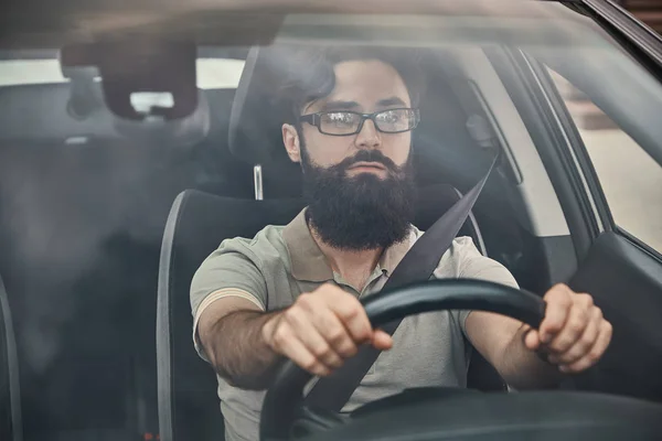 Young Attractive Man Driving Vehicle Looking Scenery Seen Windshield Glass — Stock Photo, Image