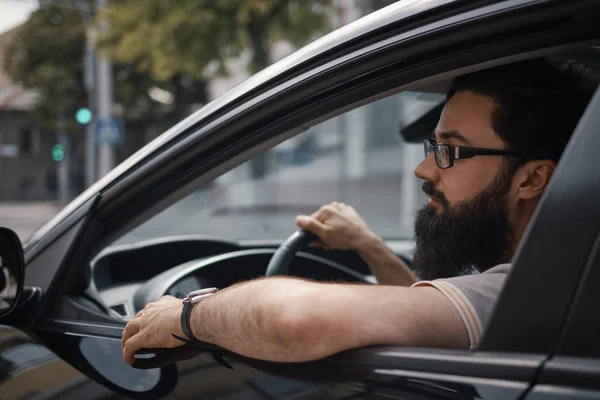 Side View Man Driving Work City — Stock Photo, Image