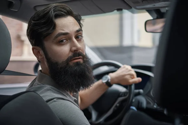 Serious Man Driving Carefully Car Drive Safely Driver Paying Attention — Stock Photo, Image