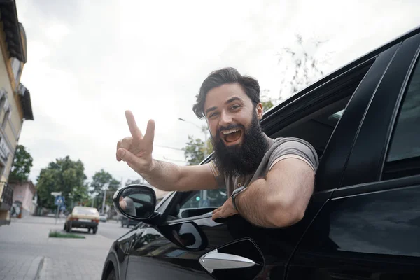 Man Happy Drive His New City Car Cheerful Car Driver — Stock Photo, Image