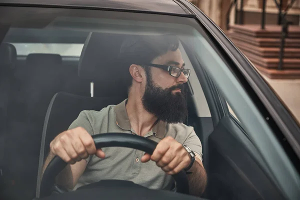 Young Attractive Man Driving Vehicle Looking Scenery Seen Windshield Glass — Stock Photo, Image