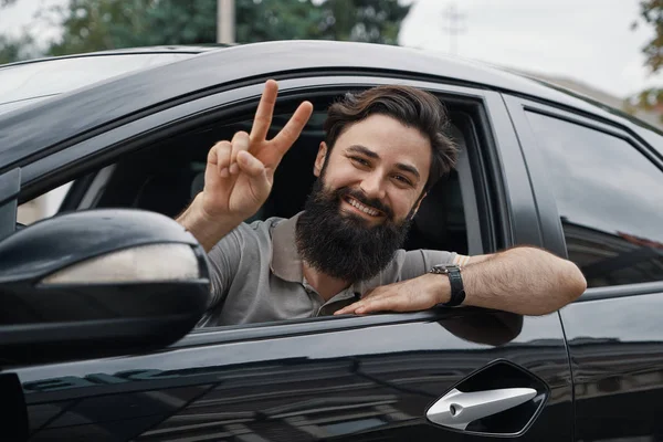 Man Happy Drive His New City Car Cheerful Car Driver — Stock Photo, Image