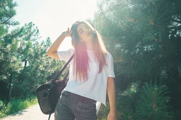 Close Young Woman Beautiful Face Features Touching Hair Hand Smiles — Stock Photo, Image