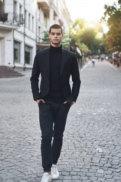 Young Man Walking Smart Casual Autumn Day Street European City — Stock Photo, Image