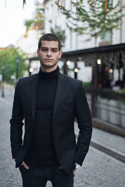 Young Man Walking Smart Casual Autumn Day Street European City — Stock Photo, Image