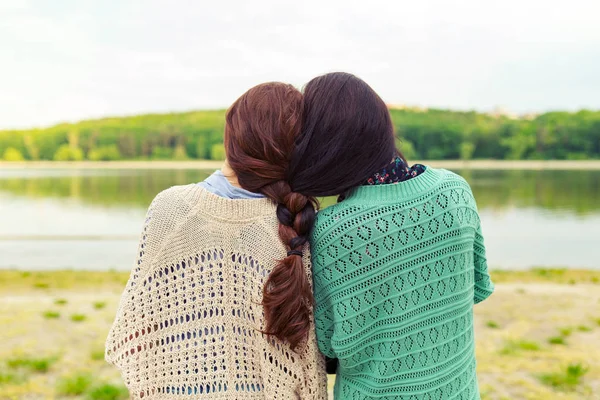 Back View Sisters Watching Beautiful Landscape Horizon Hair Braided Together — Stock Photo, Image