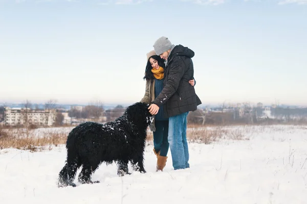 Pretty Man Woman Enjoying Snow While Walking Big Black Curly — Stock Photo, Image