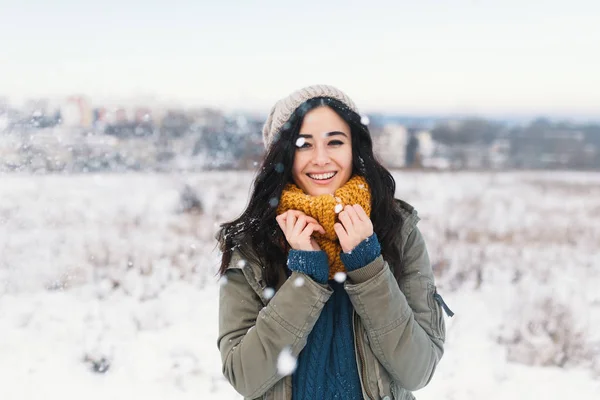 心脏融化的冬季画像漂亮的年轻女子享受冬天 度假和她的舒适 美丽的衣服和温暖的羊毛毛衣 斯诺德和豆豆 冬天梦幻般的女孩 — 图库照片
