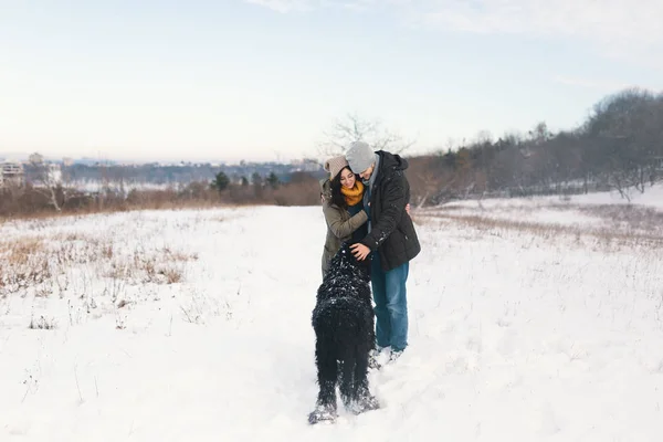 Pretty Man Woman Enjoying Snow While Walking Big Black Curly — Stock Photo, Image