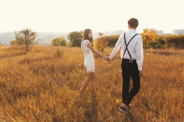 一个年轻女子和男友手牵手在草地上散步的后视镜镜头 一对夫妇在阳光明媚的日子里 与地平线上的城市一起在金色的草原上散步 — 图库照片