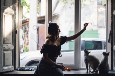 Siyam kedileriyle oynayan güzel kadın