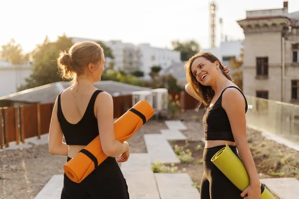 Dos jóvenes hermosas mujeres en ropa deportiva que van a hacer entrenamiento deportivo, gimnasia, yoga — Foto de Stock