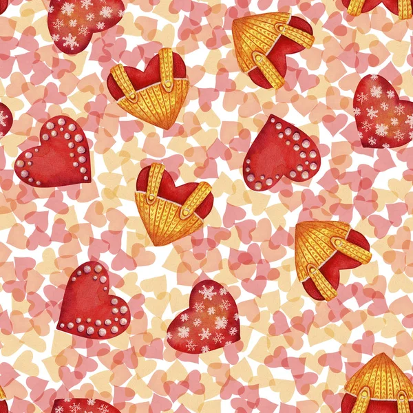 Seamless pattern with red and gold hearts. Watercolor illustration. Valentines day collection decorated with beads, snowflakes and knitted cloth