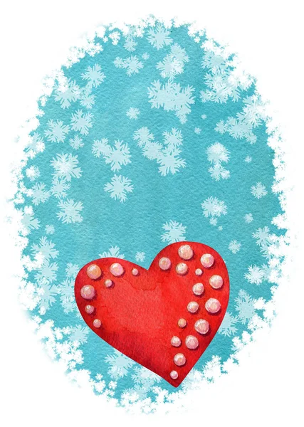 Вертикальный Шаблон Карты Милым Красным Сердцем Жемчугом Синем Фоне Снегопадом — стоковое фото