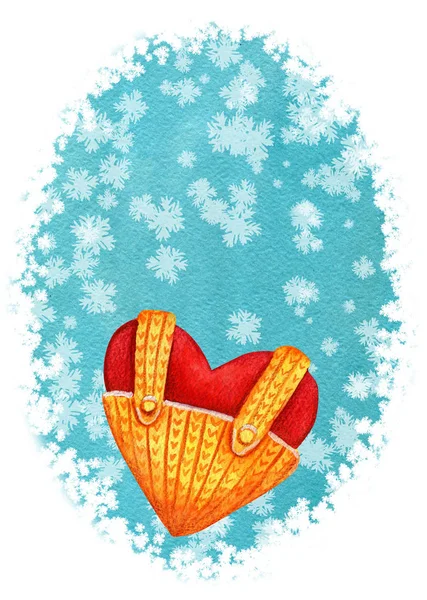降雪青い背景が付いて赤いキュートなハートを持つ縦型カード テンプレート 水彩イラスト テキスト冬デザイン — ストック写真