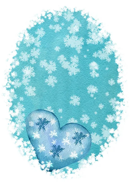 雪の結晶の背景にキュートな青いハートを持つ縦型カード テンプレート 水彩イラスト テキスト冬デザイン — ストック写真