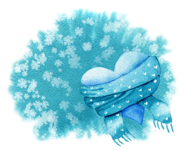 Kaartsjabloon Met Schattige Blauwe Hart Sjaal Achtergrond Met Sneeuwvlokken Aquarel — Stockfoto