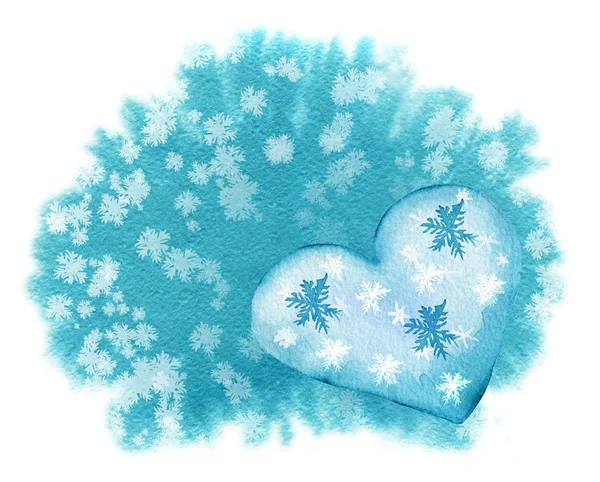 Kaartsjabloon Met Schattige Blauwe Hart Achtergrond Met Sneeuwvlokken Aquarel Illustratie — Stockfoto
