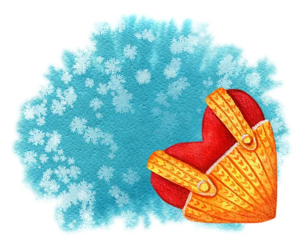 Karta Šablony Roztomilé Červené Srdce Modré Pozadí Sněhové Vločky Akvarelu — Stock fotografie