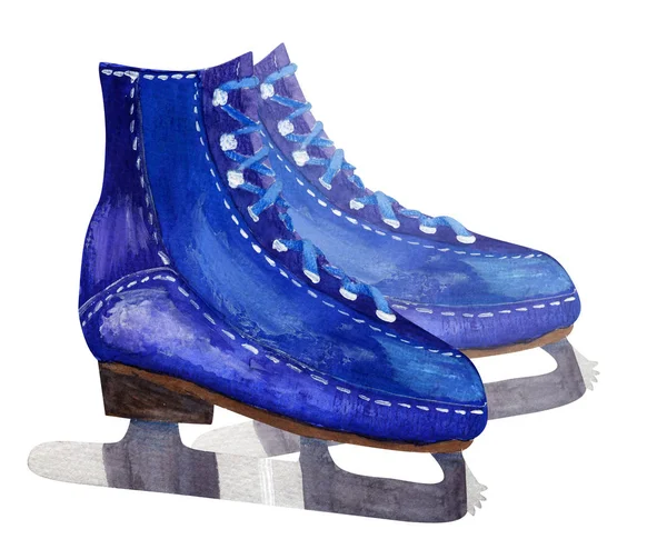 Ilustración Acuarela Patines Hielo Masculinos Azules Oscuros Aislados Sobre Fondo — Foto de Stock