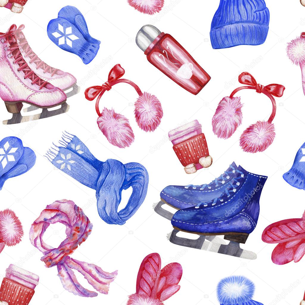 Watercolor seamless pattern with girl and boy ice skating accessories on white background
