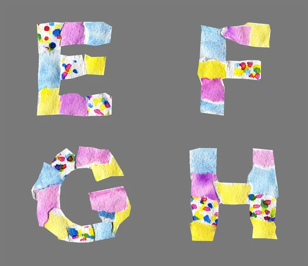 コラージュの E から灰色の背景に分離された紙製の H への手紙 — ストック写真