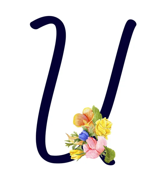 Letter Met Hand Getekend Aquarel Boeket Bloemen Geïsoleerd Een Witte — Stockfoto