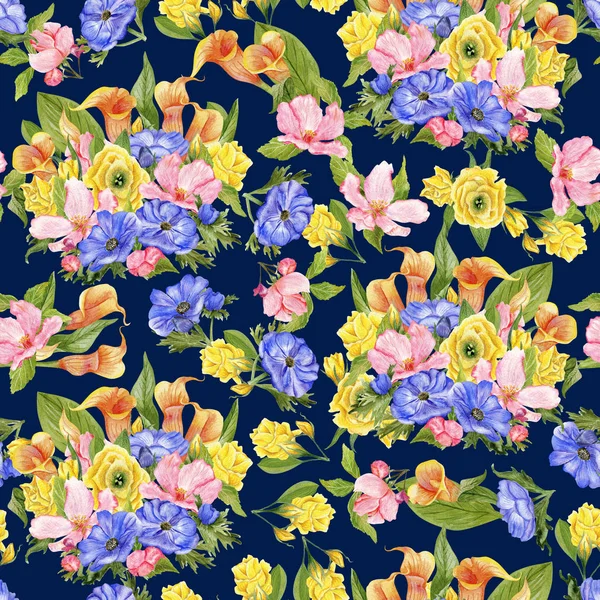 Watercolor pattern with bouquets on dark blue — Stock Photo, Image