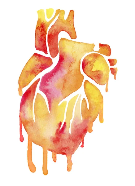 Orange and yellow watercolor heart with paint smudges — Stock Photo, Image