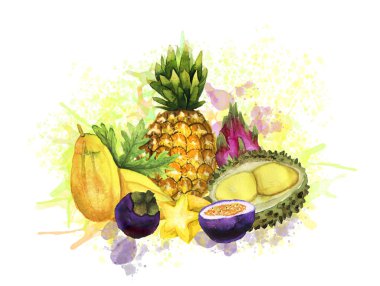 Boya su sıçramalarına çizilmiş tropikal meyve kompozisyonu. Sulu boya resim. Kartı, afiş, kumaş ve scrapbooking için şablon