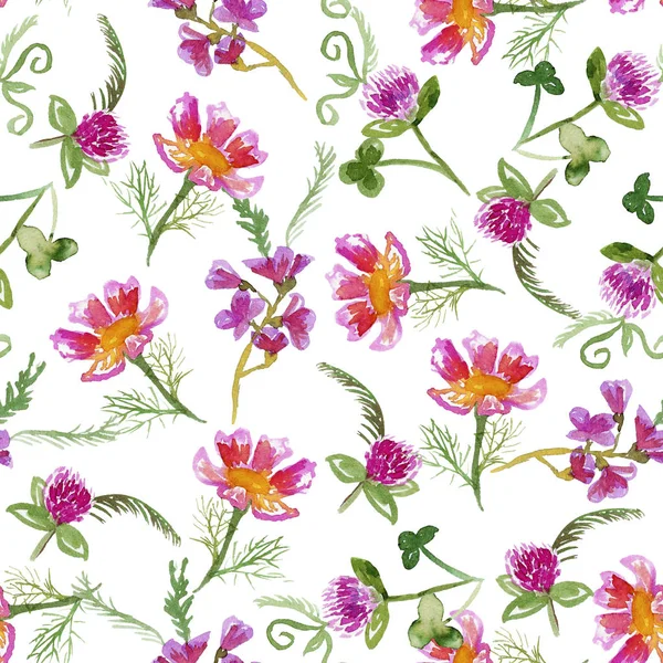 Seamless pattern with pink hand-drawn wildflowers on white background. Watercolor illustration. Template for surface design, card, banner, fabric, invitation and scrapbooking