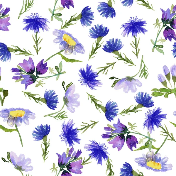 Naadloze Patroon Met Blauwe Handgetekende Wildflowers Witte Achtergrond Aquarel Illustratie — Stockfoto