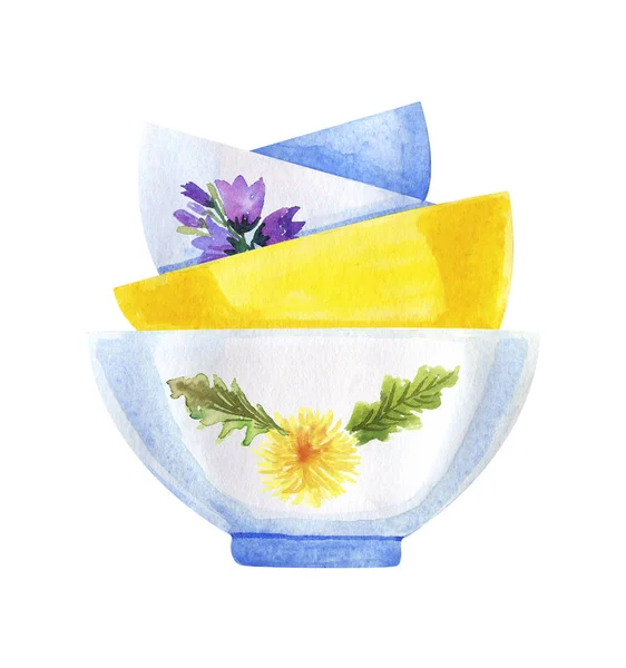 Aquarel bowl set met bloemen geïsoleerd op wit — Stockfoto