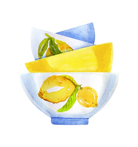 Aquarel bowl set met citroen geïsoleerd op wit — Stockfoto