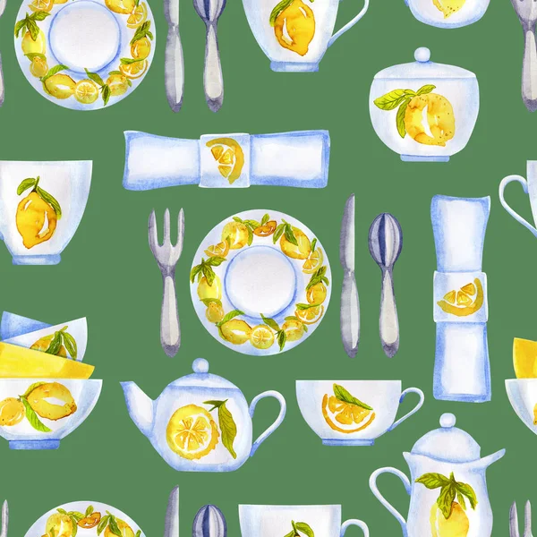 Motif aquarelle avec ensemble de thé au citron décoré sur vert — Photo