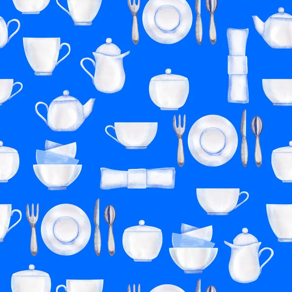 Akwarela bezszwowe wzór z zestaw do herbaty na niebiesko — Zdjęcie stockowe