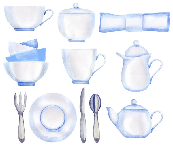Watercolor tea set isolated on white background — Stock Photo, Image