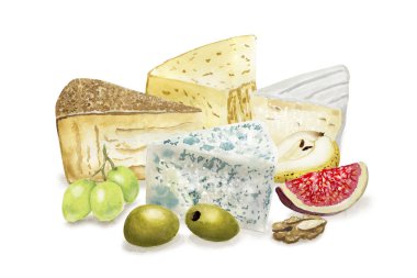 Beyaz üzerine suluboya peynir kompozisyon