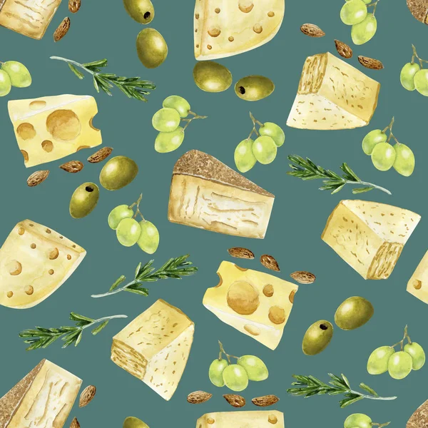 Watercolor seamless pattern with yellow cheese on blue — Stock Photo, Image