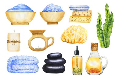 Beyaz arka plan üzerinde izole suluboya Spa set el çekilmiş