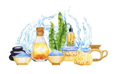 Elle çizilmiş suluboya Spa kompozisyon beyaz su ile izole