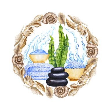 Seashell çerçeve içinde su ile ayarla suluboya Spa thalassotherapy el çekilmiş