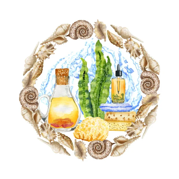 Conjunto de aromaterapia SPA aquarela desenhada à mão com água em moldura de concha — Fotografia de Stock