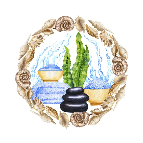 Handgezeichnetes Aquarell-Wellness-Thalassotherapie-Set mit Wasser in Muschelrahmen — Stockfoto