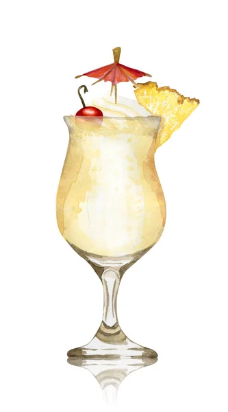 Acquerello disegnato a mano Pina colada cocktail su sfondo bianco — Foto Stock