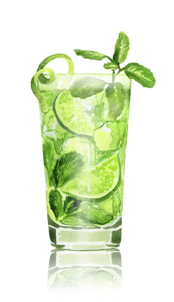 Hand drawn watercolor mojito cocktail on white background